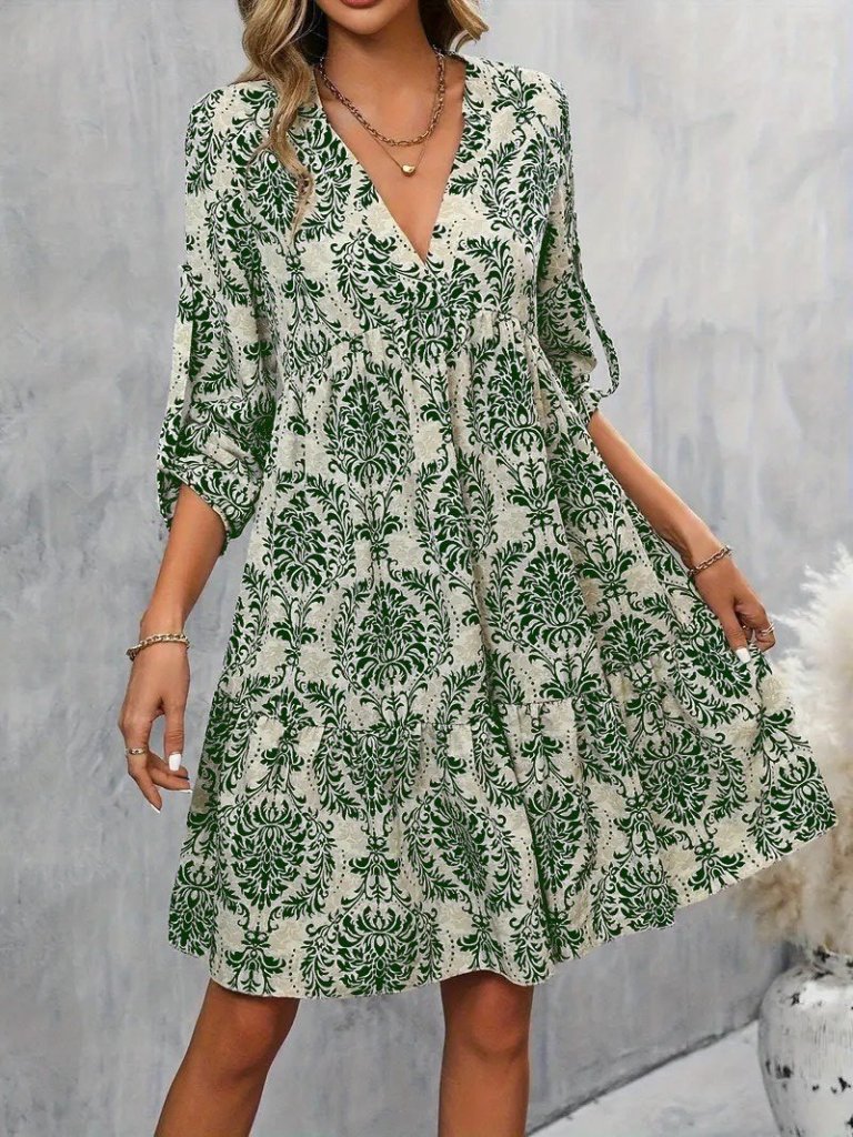 Kadın Uzun Kollu V Yakalı Fırfırlı Mini Süprem Elbise