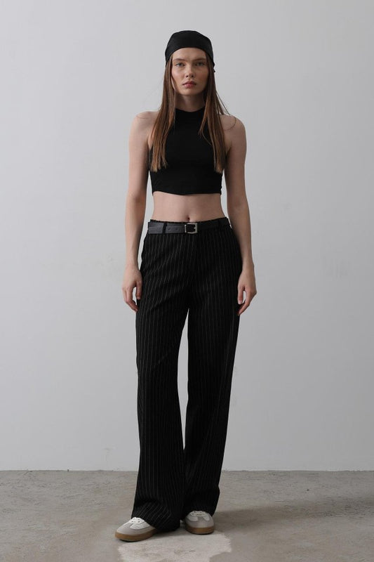 Kemerli Palazzo Pantolon - Siyah-Beyaz