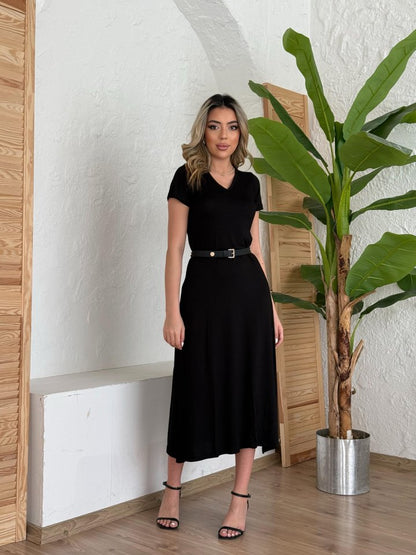 Kadın Kısa Kollu V Yaka Maxi Boy Elbise 124 Cm