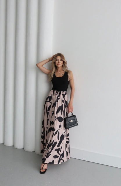 Kadın Askılı Yuvarlak Yaka üst Viskon Alt Desenli Uzun Süprem Elbise