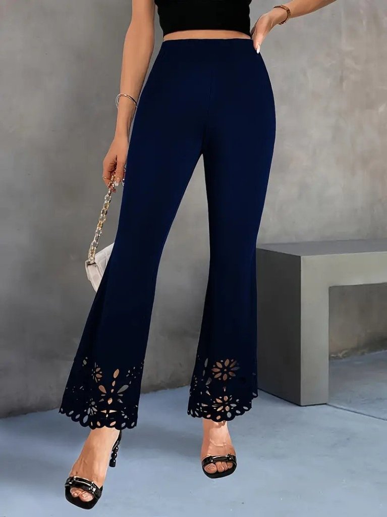 Kadın Yüksek Bel Paçaya Doğru Genişleyen Lazer çiçek Kesim Detaylı Ithal Krep Pantolon