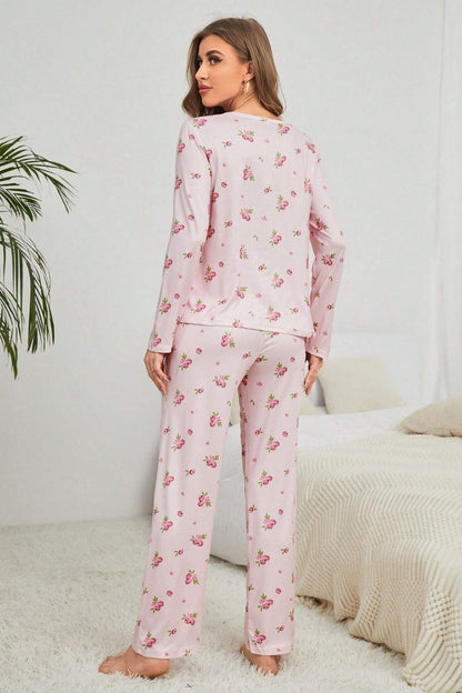 Pembe Çiçek Desenli Bisiklet Yaka Pijama Takımı 7131
