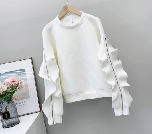 Kadın Bisiklet Yaka Kolları Volan Detay üç Iplik Kumaş Sweat