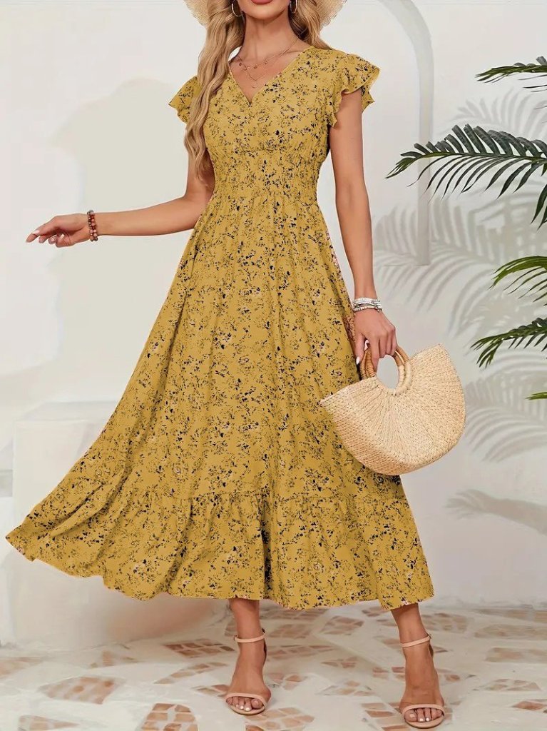 Kadın Kısa Kollu Kruvaze Yaka Beli Lastikli çiçek Desenli Elbise