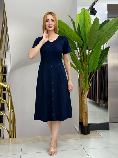 Kadın Kısa Kollu V Yakalı önden Düğmeli A Kesim Dokuma Elbise