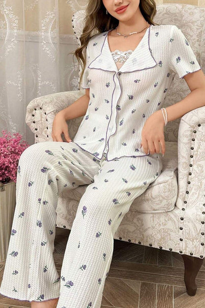 Beyaz Mor Lale Desenli Romantik Pijama Takımı 7335