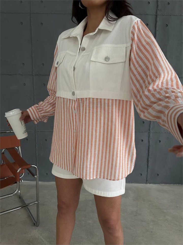 GABARDİN ŞORT - GABARDİN - ÇİZGİLİ KETEN GARNİLİ CEKET TAKIM - Orange