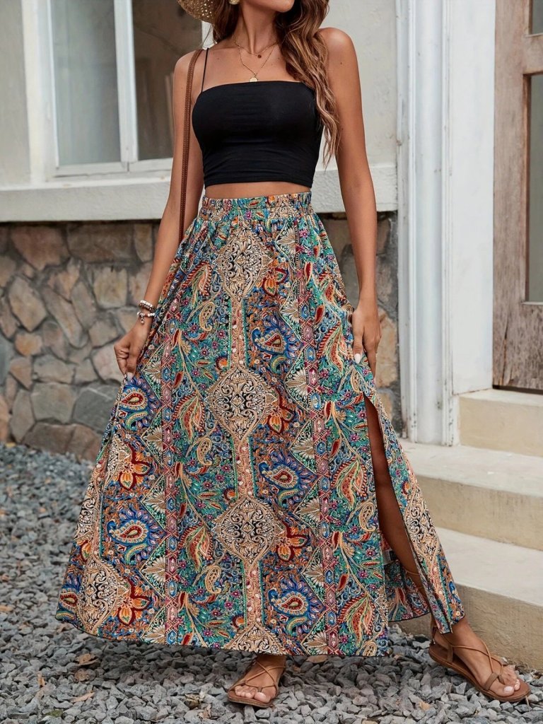 Kadın Beli Büzgülü Yandan Yırtmaçlı Desenli Süprem Etek