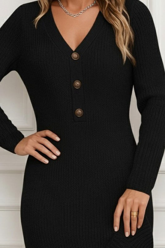 Kadın Uzun Kollu V Yakalı önden Düğmeli Kısa Triko Elbise