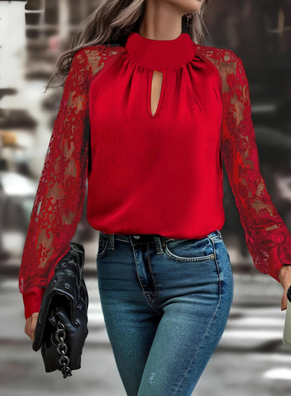 Kadın Uzun Kollu Göğüs Pencere Detay Yaka Boğazlı Kolları Tüllü Sandy Bluz