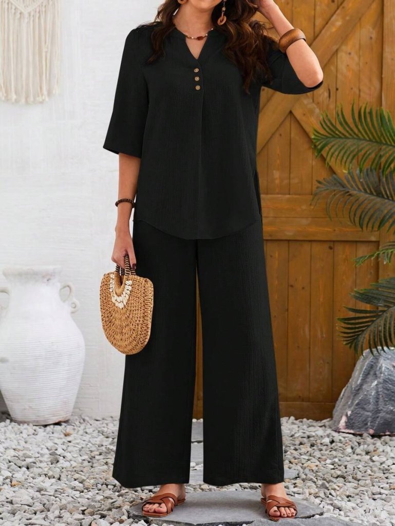 Kadın Kısa Kollu V Hakim Yaka Düğmeli Bürümcük Bluz Ve Pantolon Ikili Takım