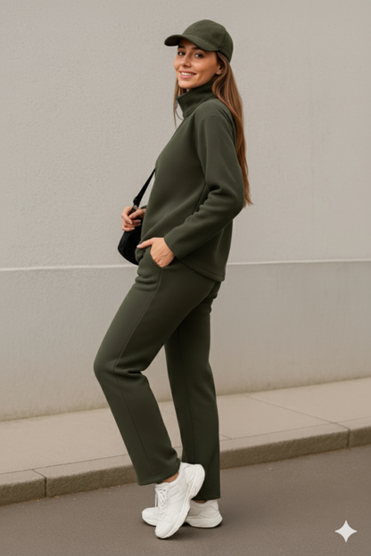 Kadın Balıkçı Yaka Fermuar Detay Polar Sweat Ve Pantolon Ikili Takım