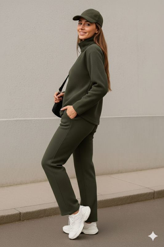 Kadın Balıkçı Yaka Fermuar Detay Polar Sweat Ve Pantolon Ikili Takım