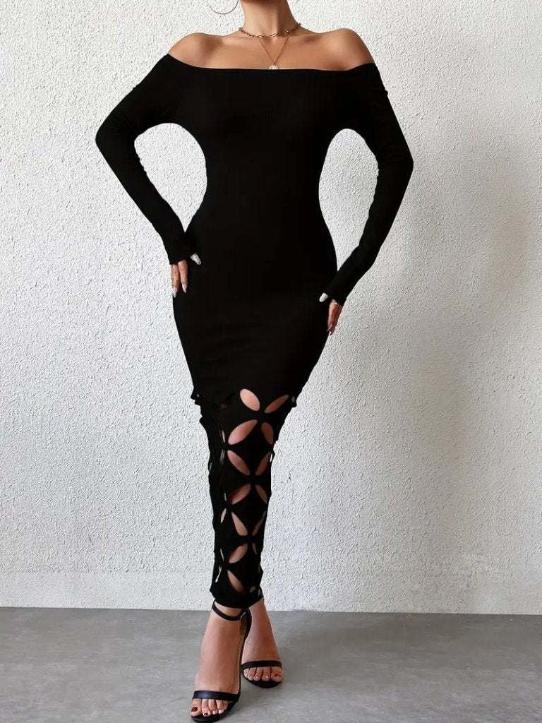 Kadın Madonna Yaka Uzun Kollu Lazer çiçek Kesim Detaylı Uzun Ithal Krep Elbise