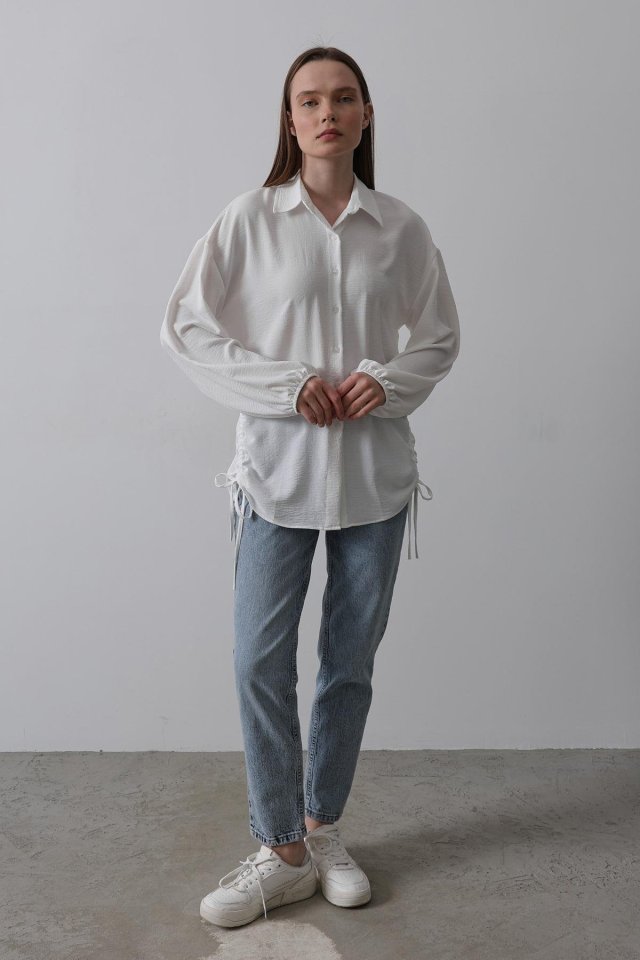 Biye Detaylı Ayrobin Gömlek - Beyaz