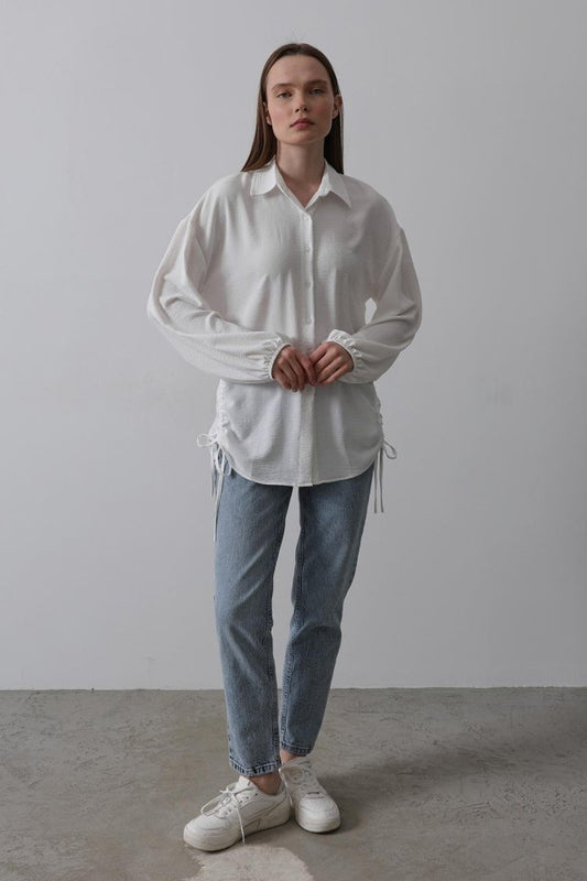 Biye Detaylı Ayrobin Gömlek - Beyaz