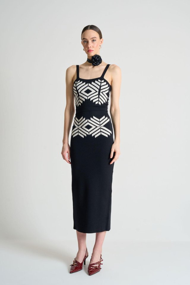 Jakarlı İnce AskılıTriko Takım - Siyah-Beyaz Kayısı