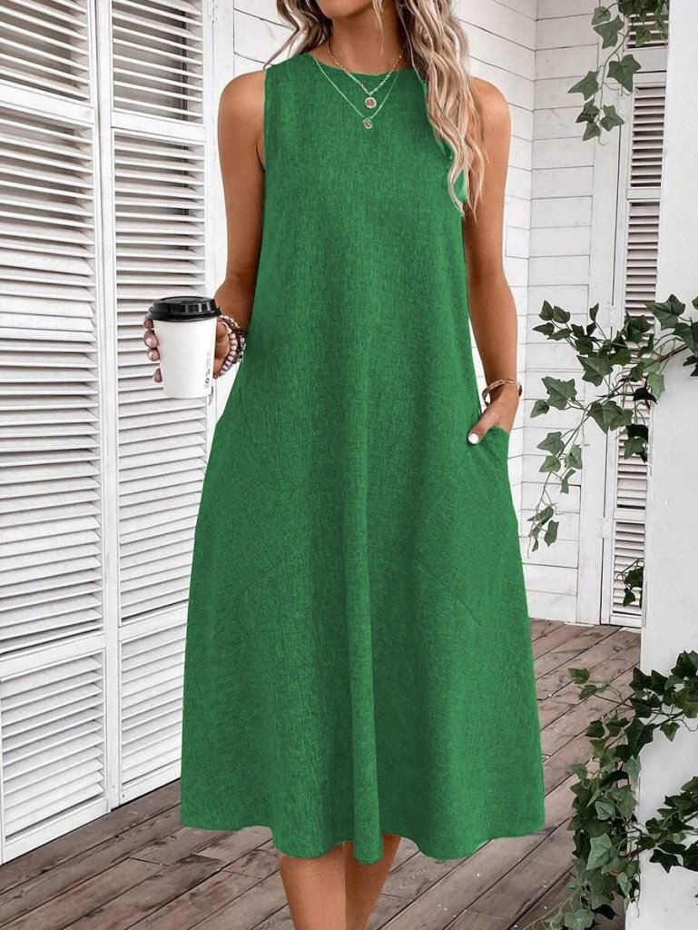 Kadın Kolsuz Bisiklet Yaka Cepli Midi Keten Elbise