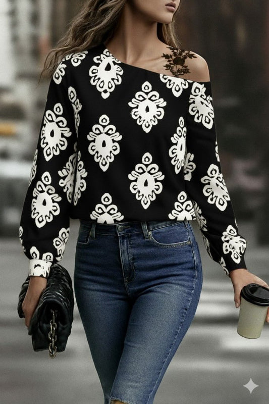 Kadın Askılı Uzun Kollu Omuzlardan Açık Desenli Mosskrep Bluz