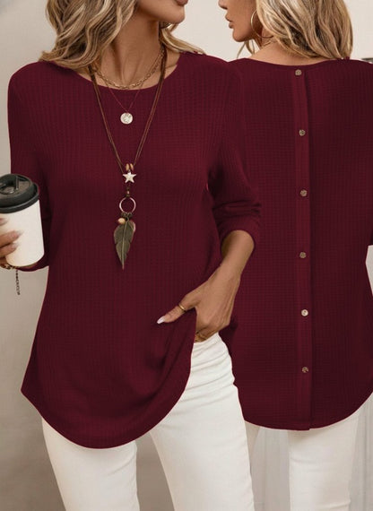 Kadın Uzun Kollu Yuvarlak Yaka Arkadan Düğmeli Waffle Bluz