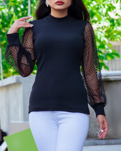 Kadın Siyah Kolu Tül Detaylı Yarım Balıkçı Kaşkorse Bluz 6160