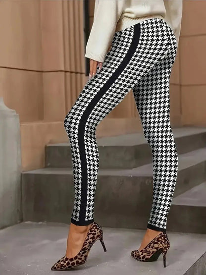 Kadın Yüksek Bel Kaz Ayağı Desenli Yanları şeritli Dalgıç Pantolon