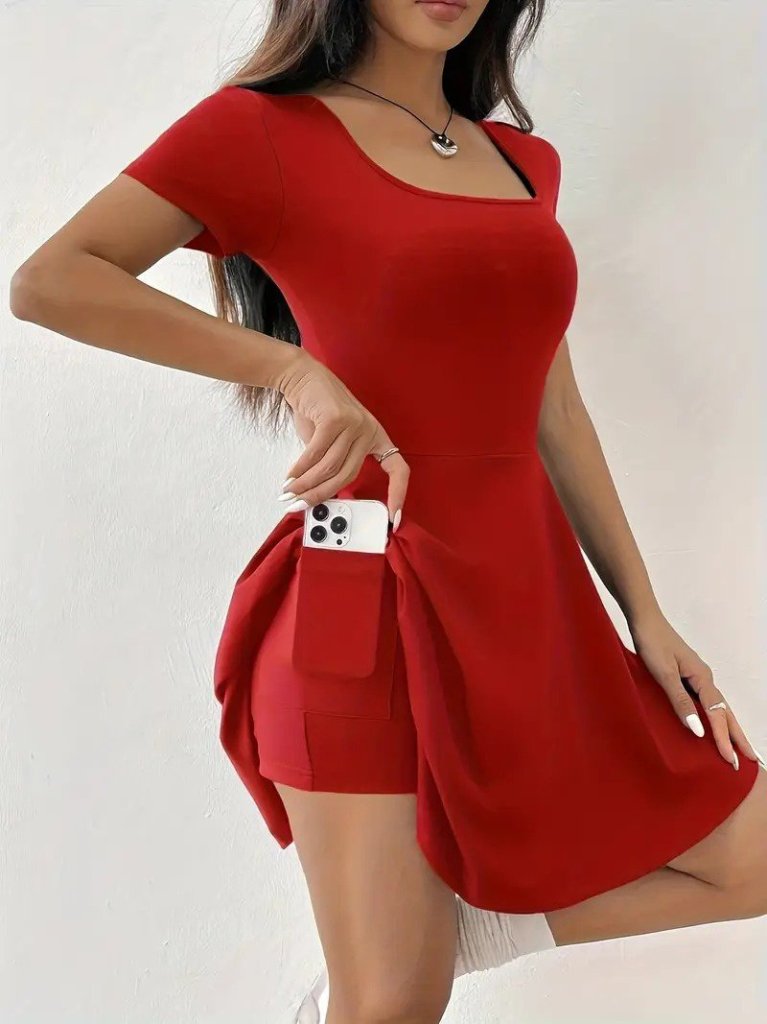 Kadın Kısa Kollu Kare Yaka Short Detaylı Cepli Dalgıç Elbise