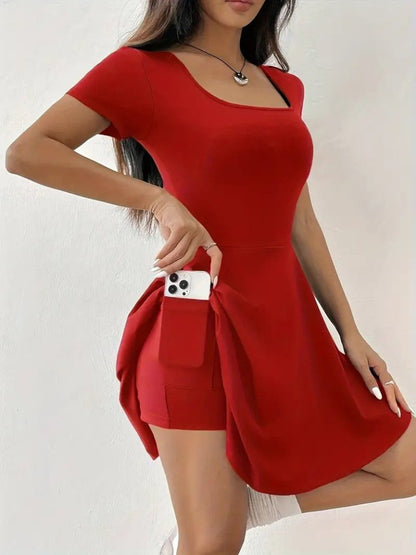 Kadın Kısa Kollu Kare Yaka Short Detaylı Cepli Dalgıç Elbise