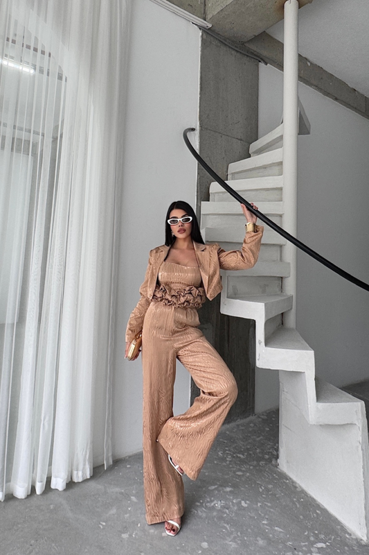 JAKARLI BLUZU TASARIM DETAYLI CEKET PANTOLON VE BLUZ 3 LÜ TAKIM