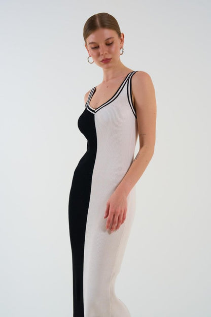 İki Renki Kolsuz Elbise - Siyah-Krem