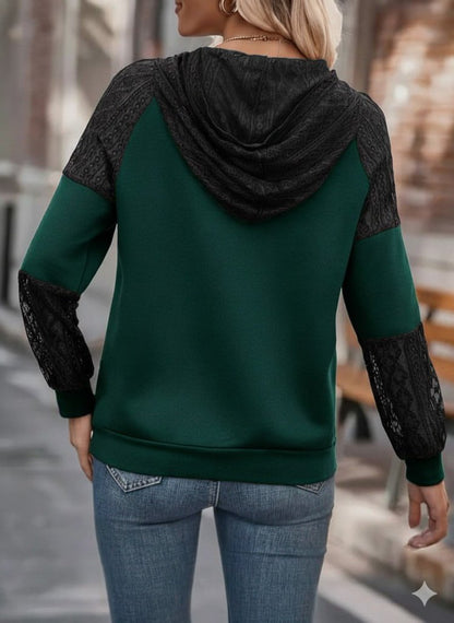 Kadın Uzun Kollu Dantelli Kapşonlu Viskon Iki Iplik Bluz
