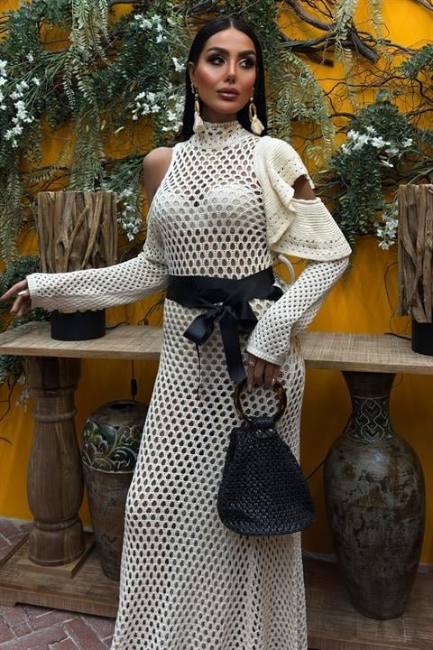 Saten Kuşaklı Ajurlu Triko Elbise 2847