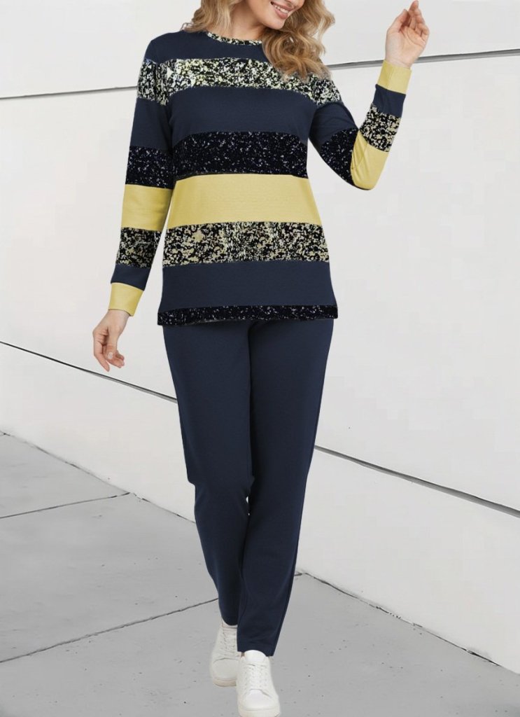 Kadın Uzun Kollu Bisiklet Yaka çizgili Desen Iki Iplik Bluz Ve Pantolon Ikili Takım