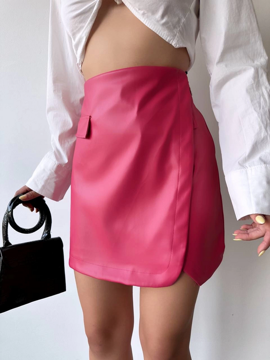 Cep detaylı oval kapaklı deri etek fuşya h240048