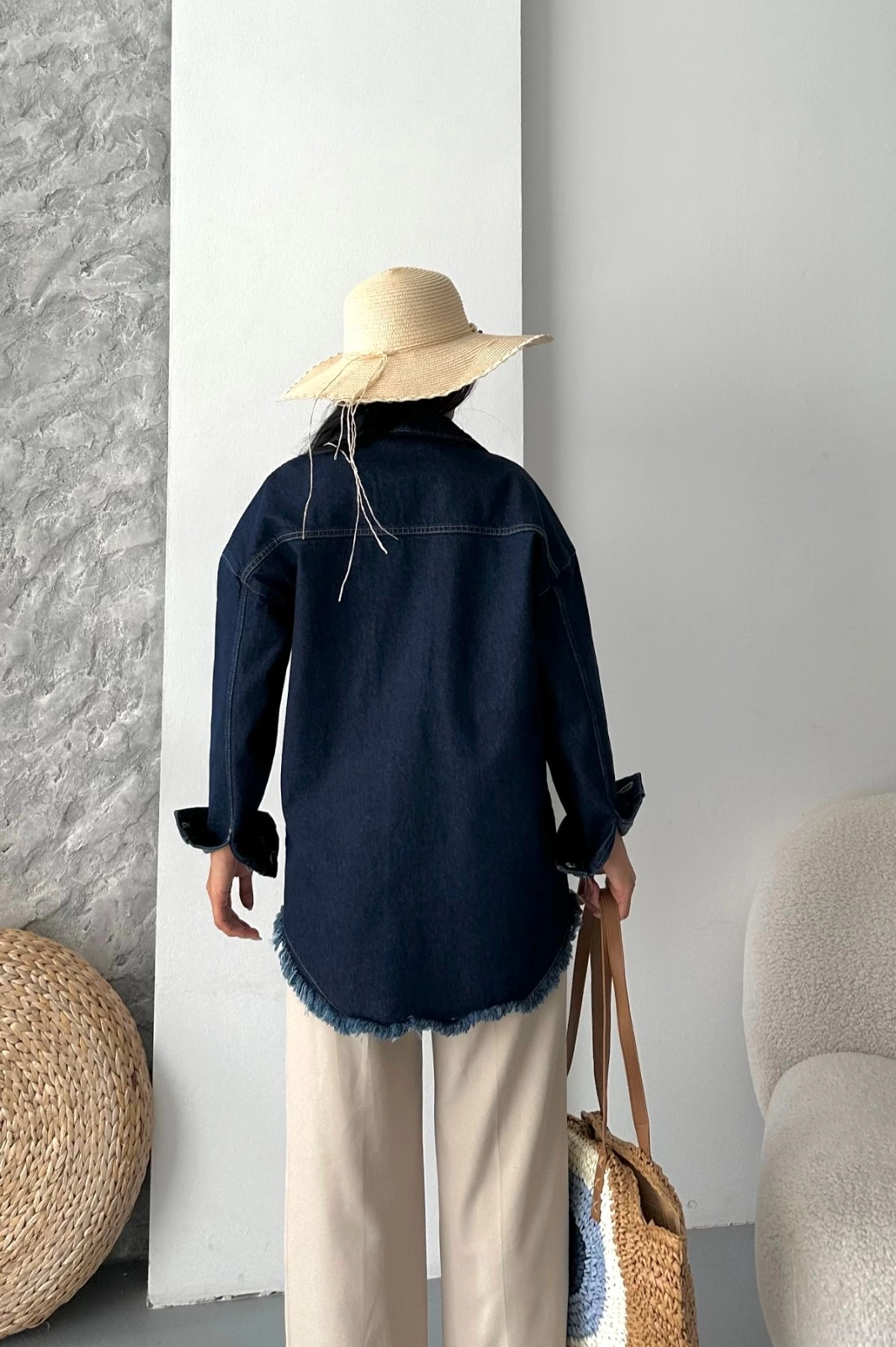 Cepli püsküllü kar yıkama kot ceket koyu mavi d2515