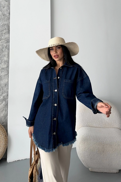 Cepli püsküllü kar yıkama kot ceket koyu mavi d2515