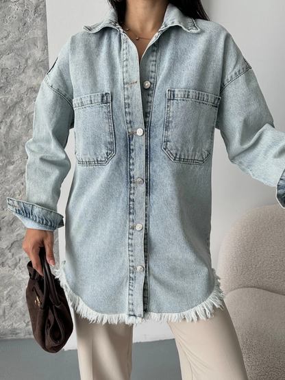 Cepli püsküllü kar yıkama kot ceket mavi d2515