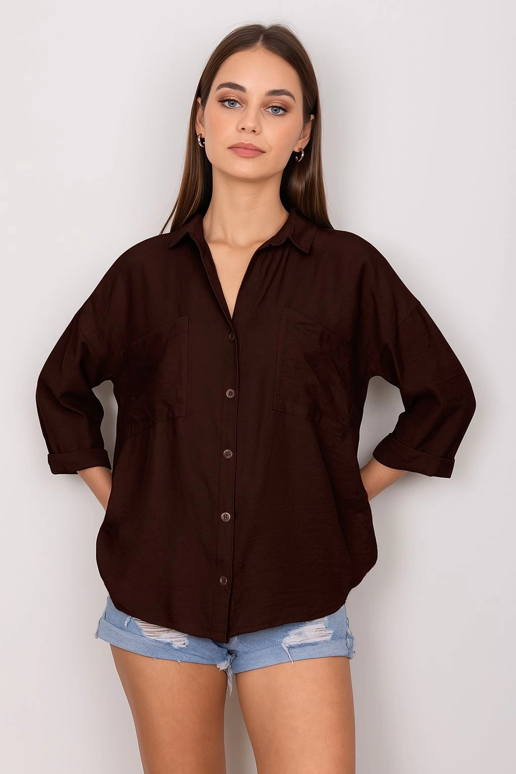 Cepli salaş gömlek koyu kahve t1010