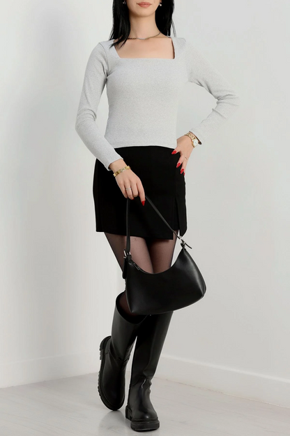 Çerçeve yaka kaşkorse bluz gri