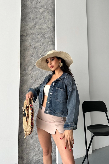 Çift cepli kol katlamalı kar yıkama crop kot ceket kahve tint d2000