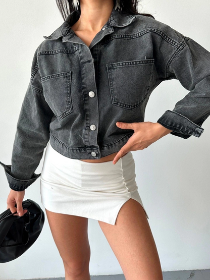 Çift cepli kol katlamalı süper taş enzim yıkama crop kot ceket füme d2000