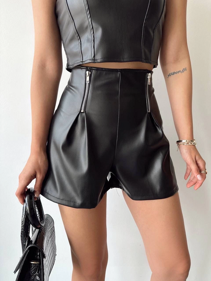 Çift fermuarlı deri şort h24394