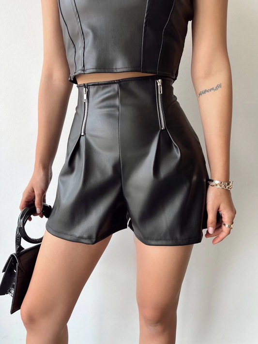 Çift fermuarlı deri şort h24394