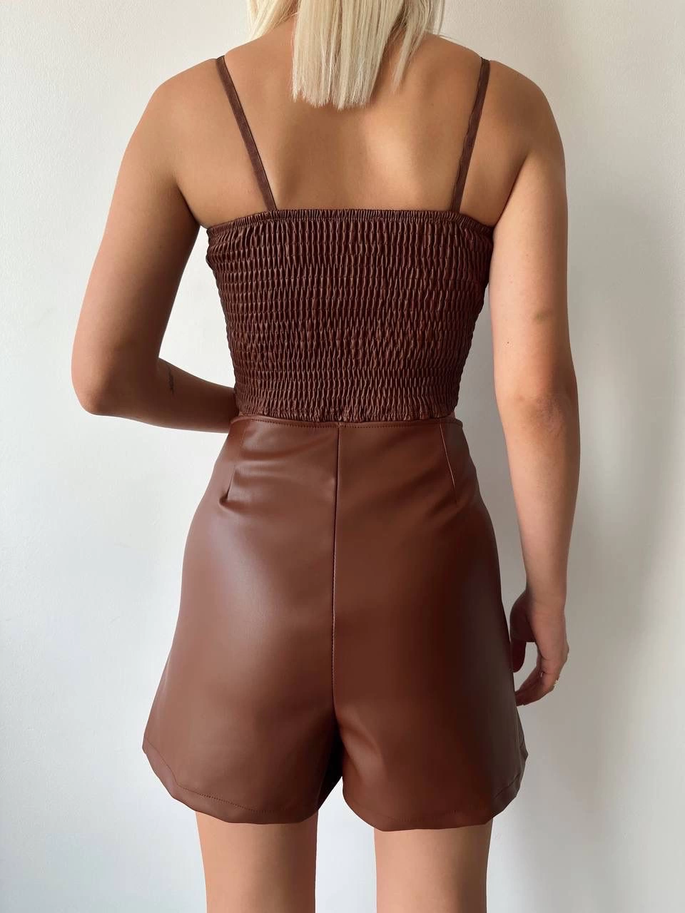 Çift fermuarlı deri şort kahve h24394