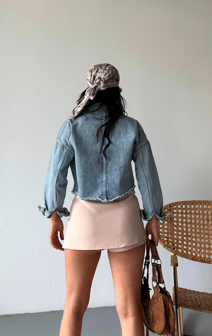 Çift kapaklı püsküllü crop buz mavi d2002