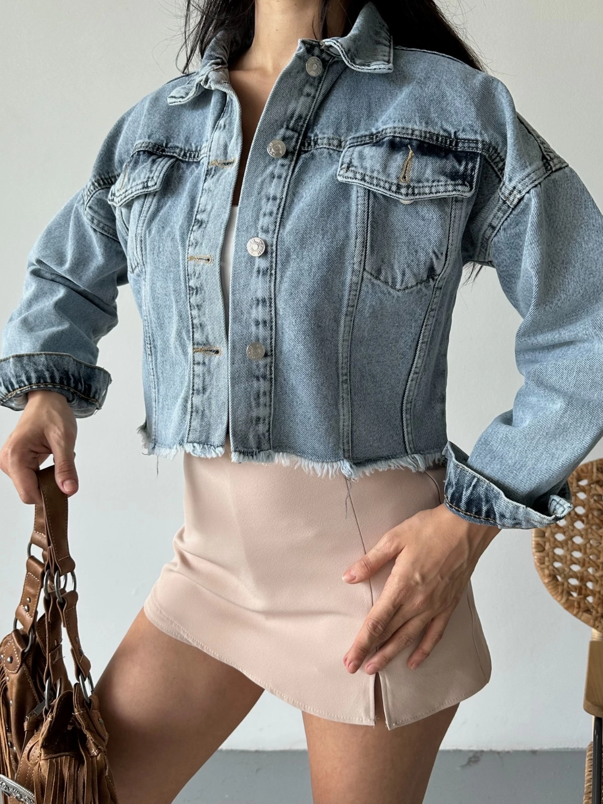 Çift kapaklı püsküllü crop buz mavi d2002