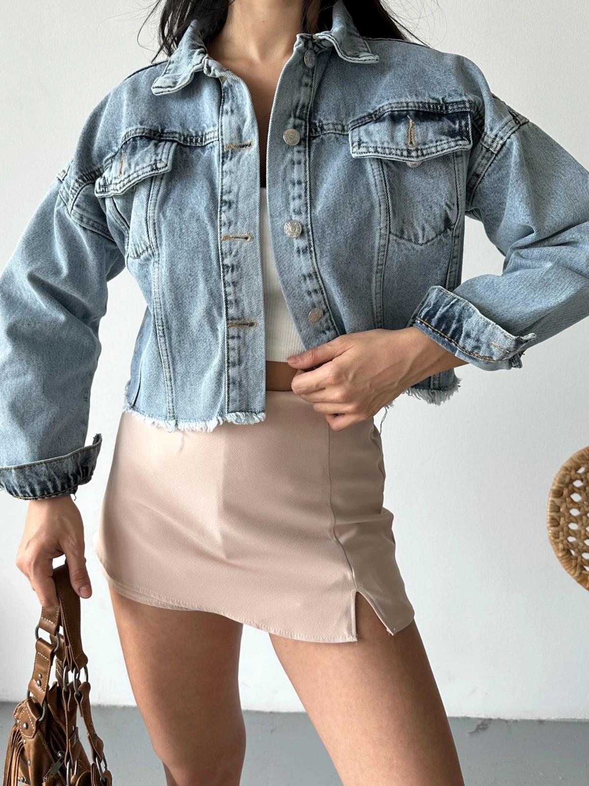 Çift kapaklı püsküllü crop buz mavi d2002