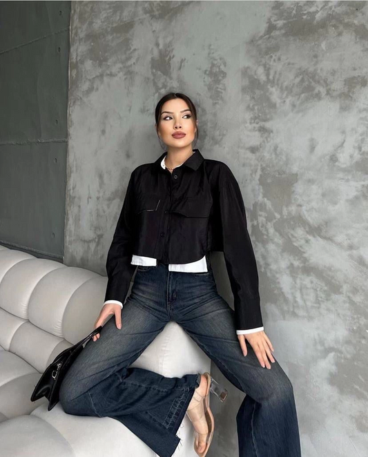 Çift renkli kısa gömlek siyahbeyaz s4021