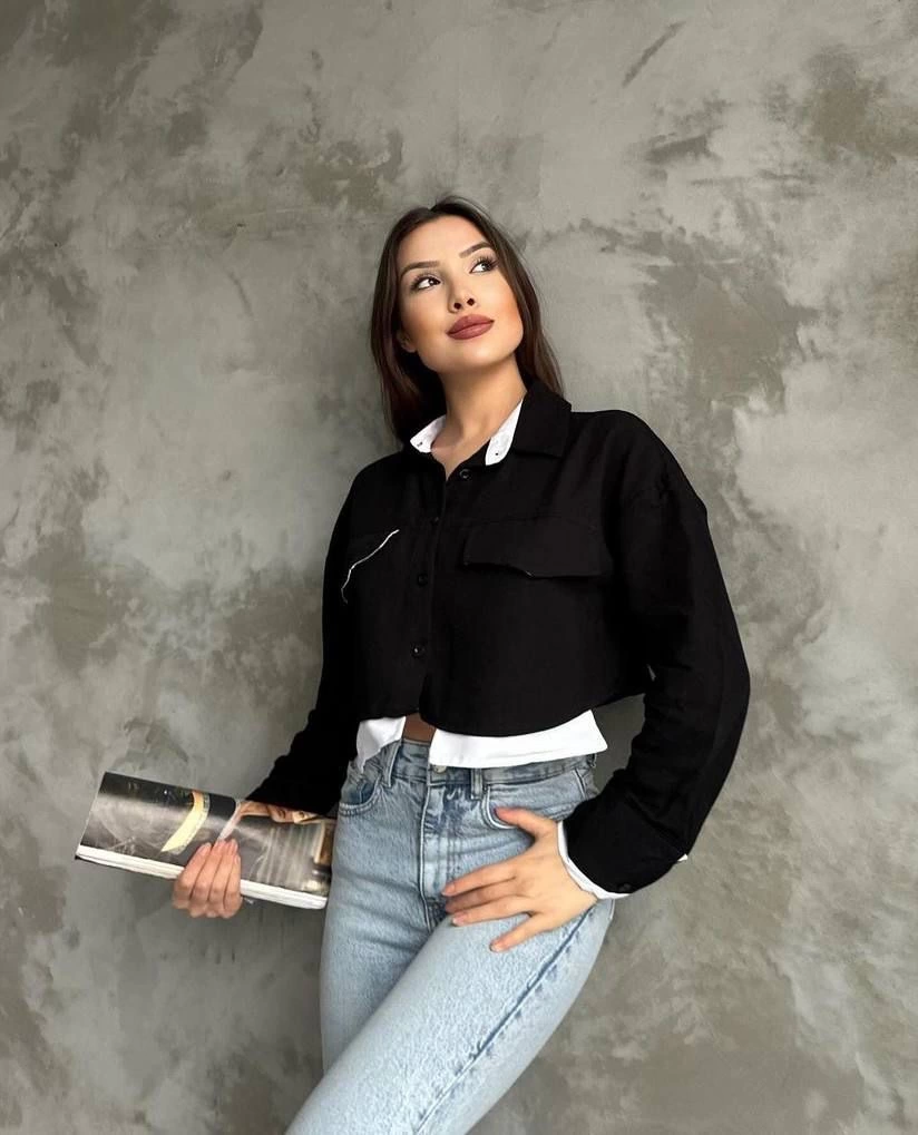 Çift renkli kısa gömlek siyahbeyaz s4021