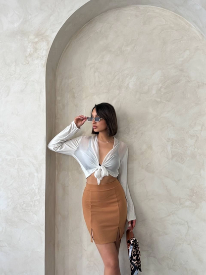 Çift yırtmaçlı etek camel s25910